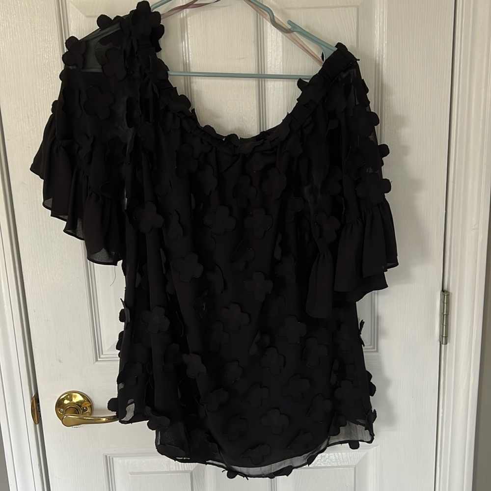 Alfani Black Floral Textured Off-Shoulder Top